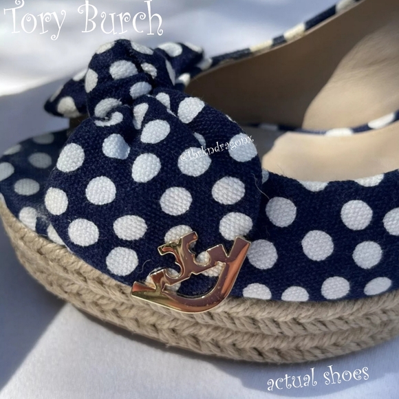 New Tory Burch Polka Dot Wedges Nautical Bow Wedges Boat Summer Spring Sandals - Picture 16 of 16